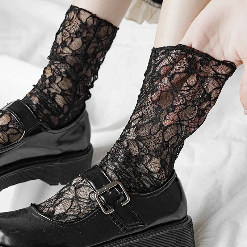 Женские носки в стиле "Лолита", черные, белые кружевные носки, прозрачные короткие носки с цветочным рисунком, сетчатые ажурные носки, милые ...