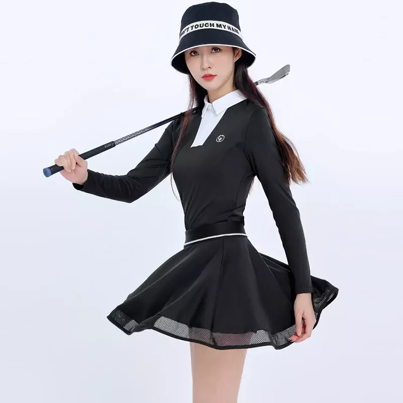 G-life Ladies Patchwork Polo Shirt Elastic Zipper Collar OL Tops Women Slim Ruffle Golf Skirt Printing Pleated Sport Culottes
