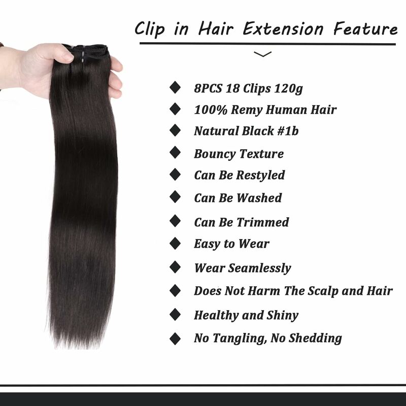 Clipe reto brasileiro em extensões de cabelo, cabelo humano virgem, trama dupla, 18 clipes, 8PCs por conjunto