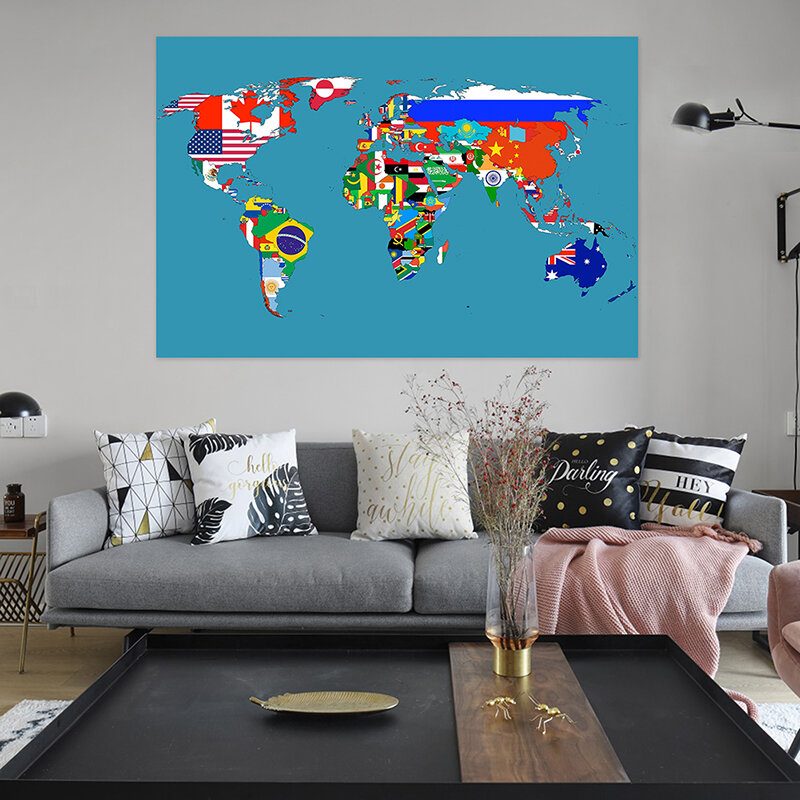 Mapa del mundo hecho con banderas de países, 150x225cm, no tejido, para decoración de pared