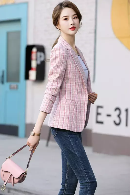 여성 핑크 살구색 격자 무늬 블레이저, 캐주얼 슬림 긴 소매 재킷, 여성 싱글 단추 시크 블레이저 코트, 패션 S-4XL