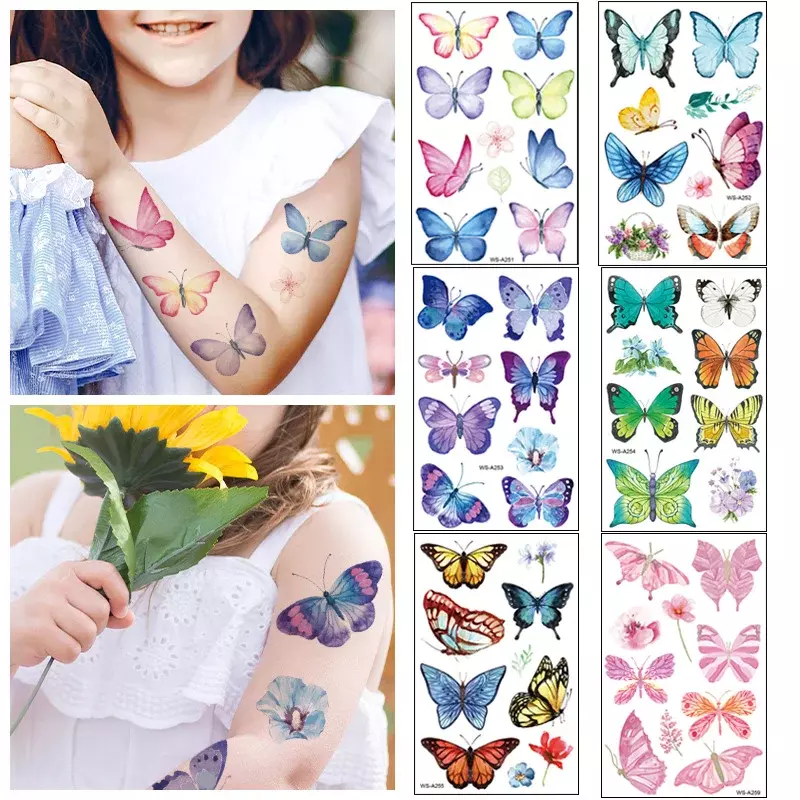 Tatuajes temporales de mariposa para niños, pegatinas de tatuaje pequeñas para niños, tatuajes falsos a mano, arte corporal, regalo de cumpleaños para niñas, 10 piezas
