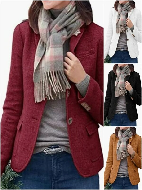 Chaqueta de lana para mujer, abrigo holgado de un solo pecho, elegante con solapa y bolsillos, color liso, para Otoño e Invierno