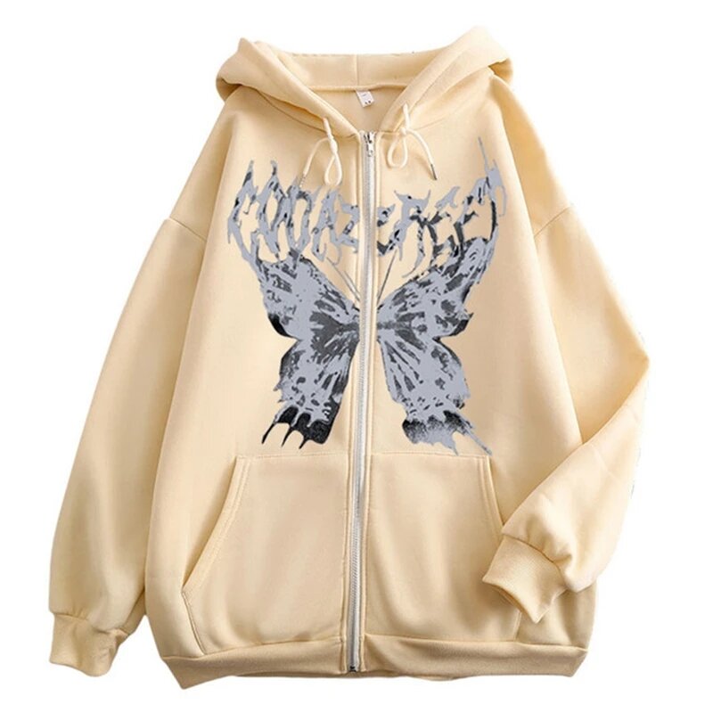 Butterfly Gothic Ins Y2K Zipper Women's Hoodies&Sweatshirt Loose Oversized Harajuk Punk High Street Streetwear