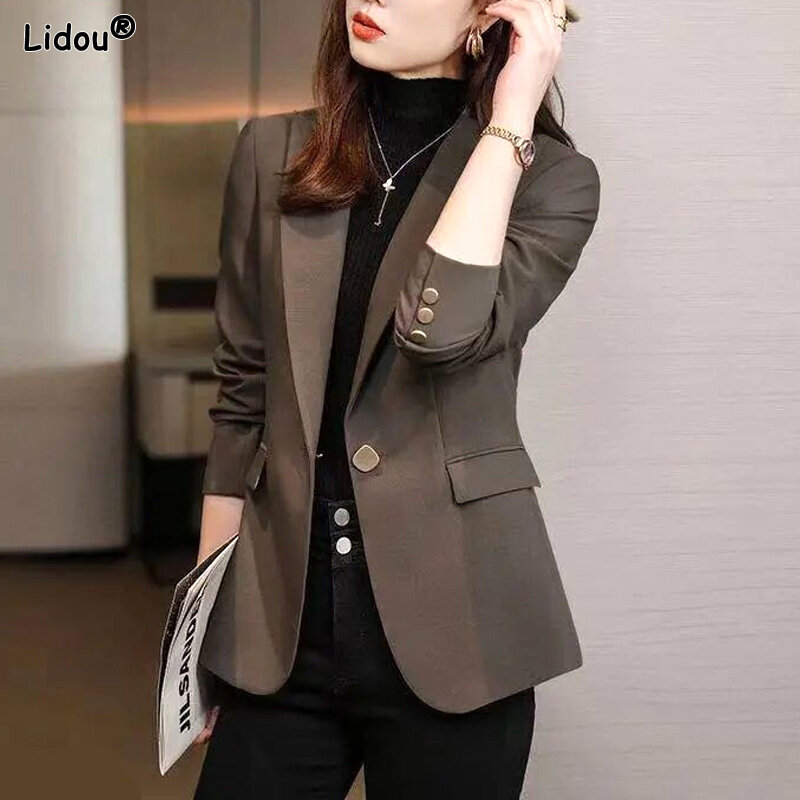 Autumn Winter Solid Blazers Button Temperament Skinny Business Casual Formal Notched Simplicity Classic Women's Clothing Coat