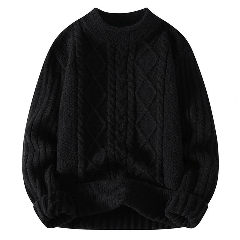 Męski sweter przytulny męski zimowy sweter grube przeszycie miękki okrągły dekolt odporny na pilinowanie stylowy jednolity kolor skręcony elastyczne topy