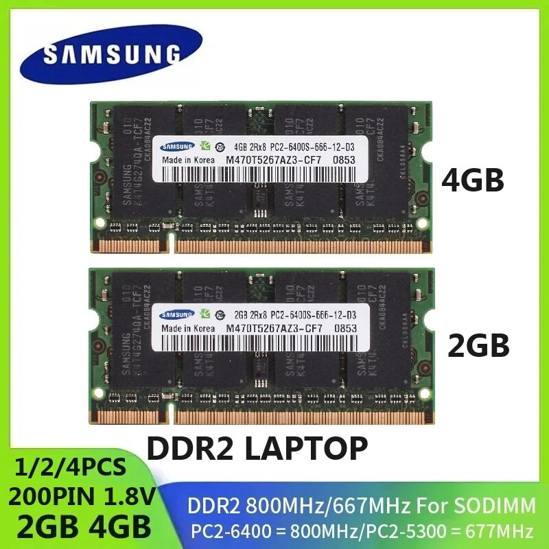 SAMSUNG-memoria RAM DDR2 SODIMM para portátil, 4GB, 2GB, 667Mhz, PC2-5300s, 800MHz, PC2-6400S, no ECC, sin búfer, 1,8 V, CL5, 2RX8, 1/2 unidades