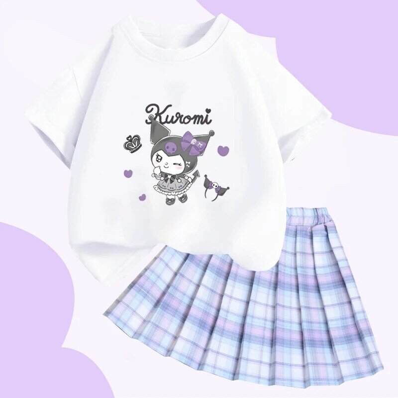 Hello Kitty Kuromi My Melody Girls College Style T Shirt Short Skirt Set Kawaii Sanrio Summer Girls Tops Pleated Skirt Set Gift