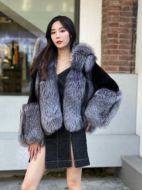 Abrigo largo de piel de zorro auténtica para mujer, chaqueta de lujo con capucha plateada, prendas de vestir exteriores, novedad de 2023