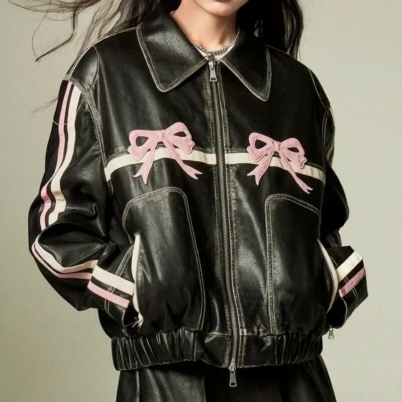 Deeptown Bow Motorcycle Leather Jacket Women Y2k Fashion Zipper PU Spring Coquette Top Sweet Personal Street Vintage Oversize