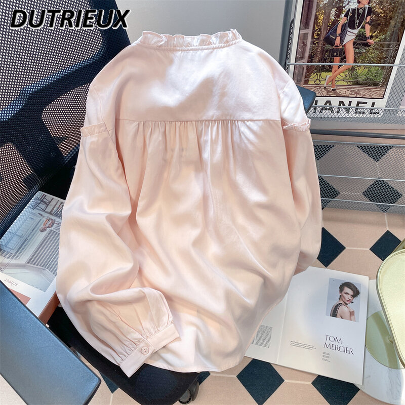 Lente En Herfst Dames Tops Retro Binnenkleding Elegante Blouse Houten Oorstiksel Shirt Met Lange Mouwen Effen Kleur Casual Shirts