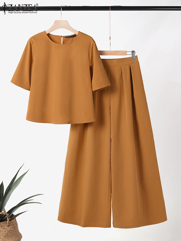 ZANZEA-Conjunto de blusa de media manga y pantalones de pierna ancha para mujer, chándal de 2 piezas, color liso, para verano, 2024