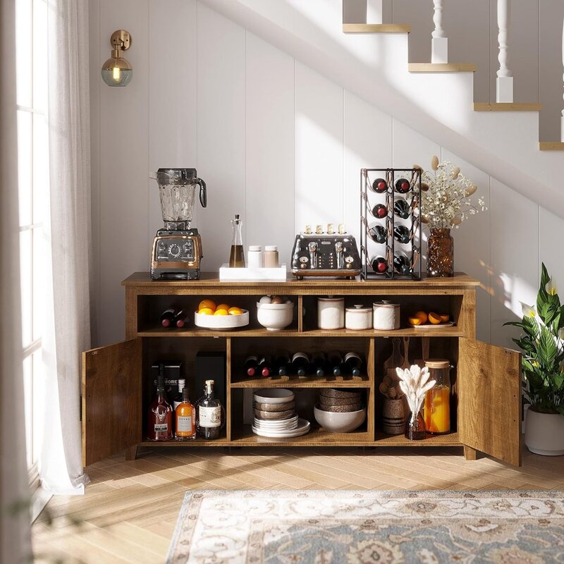 Coffee Bar Cabinet, Farmhouse Buffet Cabinet with Barn Door Kitchen Storage Cabinet & Sideboard Cabinets Wood Coffee Bar Table