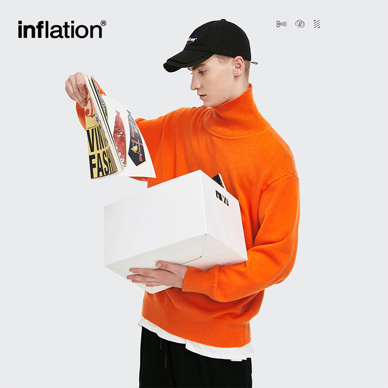 INFLATION-Jersey minimalista de cuello alto para hombre, jersey negro de gran tamaño con cuello vuelto