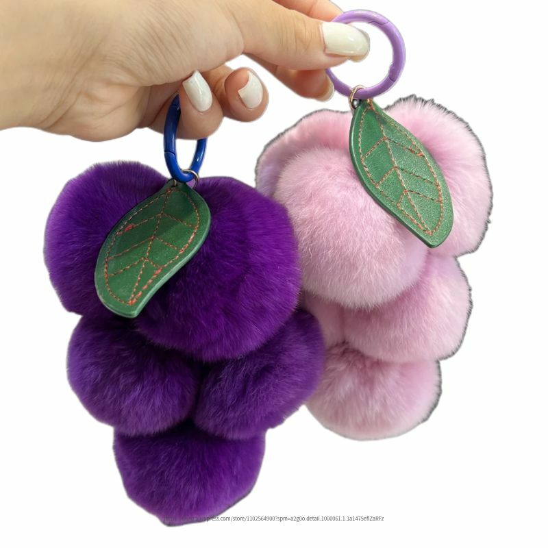 A Bunch of Grape Key Chain Key Ring Plush Fruit Plant Fluffy Pendant Keychain Faux Bunny Fur Girls Ladies Fashion Accessory Gift