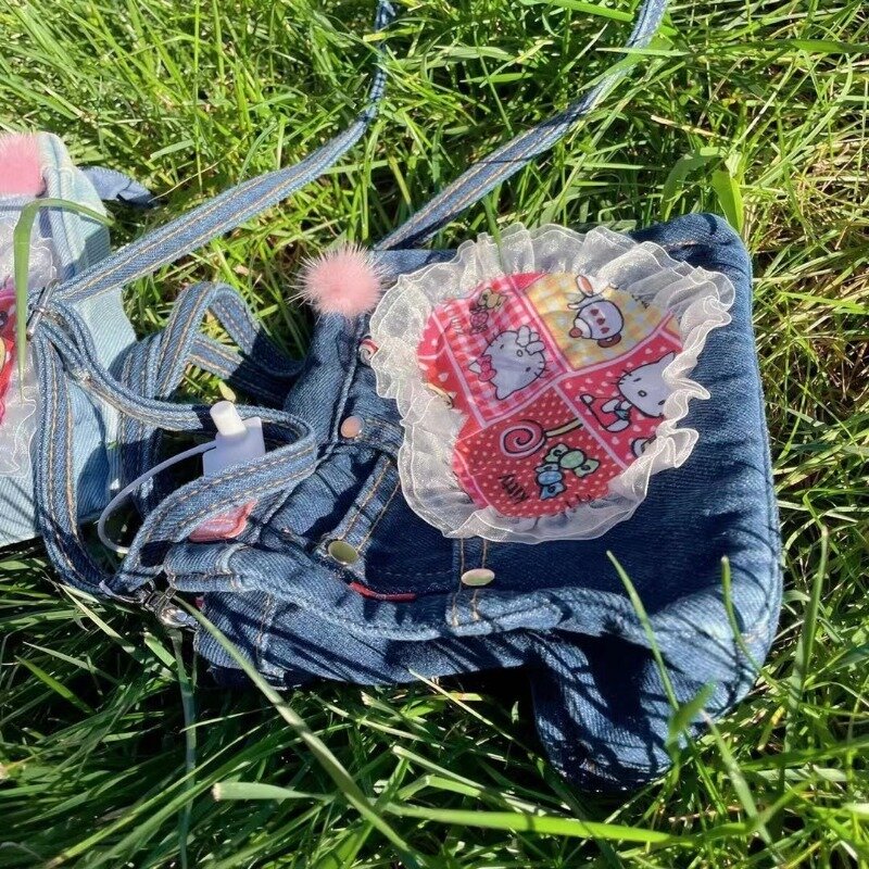 MBTI Y2k Hello Kitty torba na ramię dla kobiet Vintage jeansowa mała patchworkowa torebka z sercem koronkowa w stylu studenckim nowa torba pod pachami