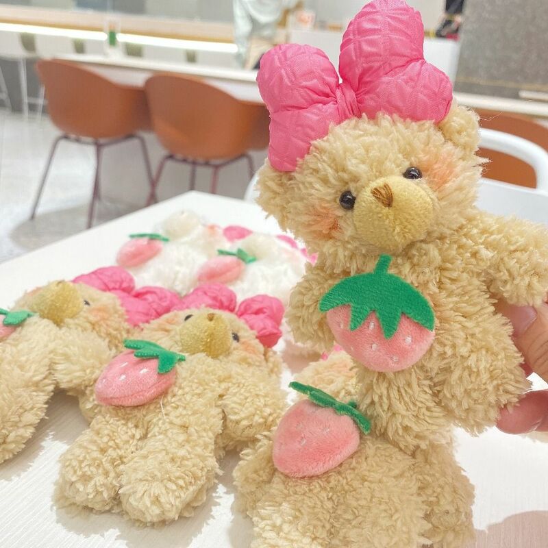 Bowknot Bear Plush Keychain Cute Cartoon Plush Stuffed Bow Bear Pendant Keyring Toys Strawberry Bear Doll Unisex