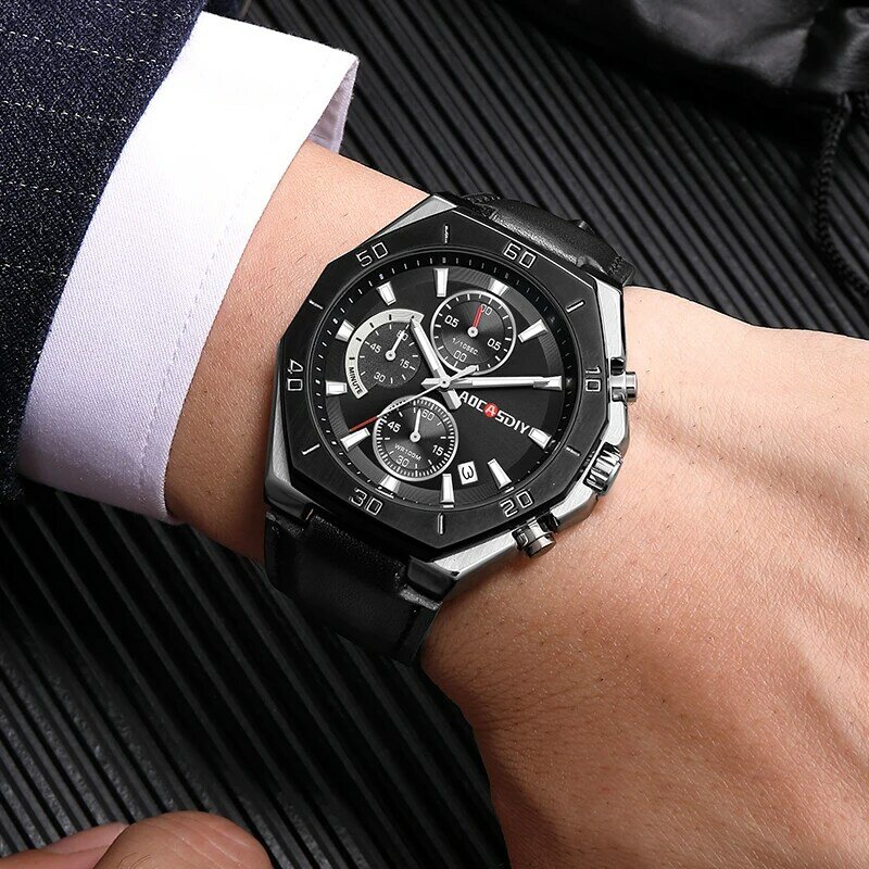 AOCASDIY fashion men's chronograph watch top brand Luxury leather strap sports watch Commercial quartz watch waterproof