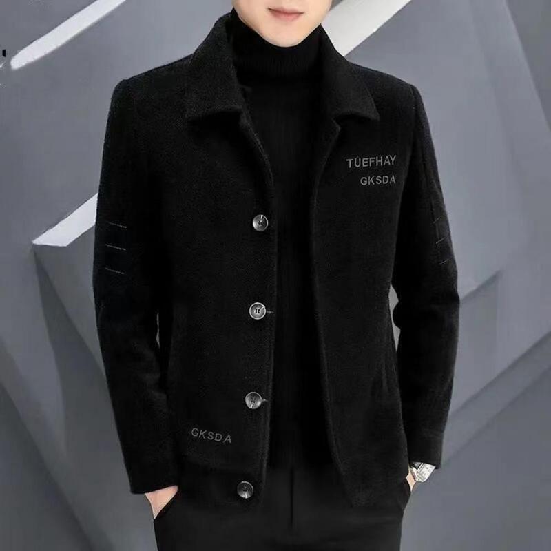 Single-breasted Men Coat Warm Plush Coat with Embroidery Letter Print Men's Lapel Jacket for Autumn Winter Featuring Long