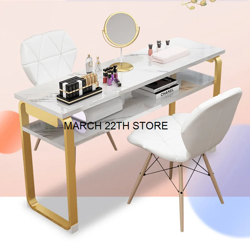 Mesas de uñas de diseño, muebles dobles para salón de belleza, mesas de manicura profesional, juego de sillas y mesa de manicura de doble capa
