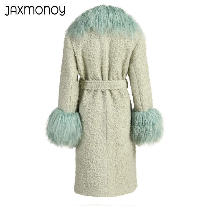 Jaxmonoy-Casaco longo de lã feminino com pele mongol real, casacos quentes femininos, moda elegante, inverno, nova chegada, 2024