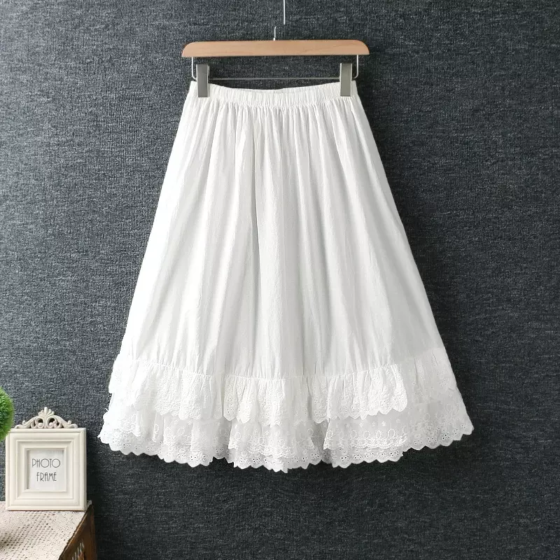 Japan Style Mori Girl Sweet Lace Flower Embroidery Skirts Women Elastic Waist Cotton Linen Casual Loose A-line Skirts