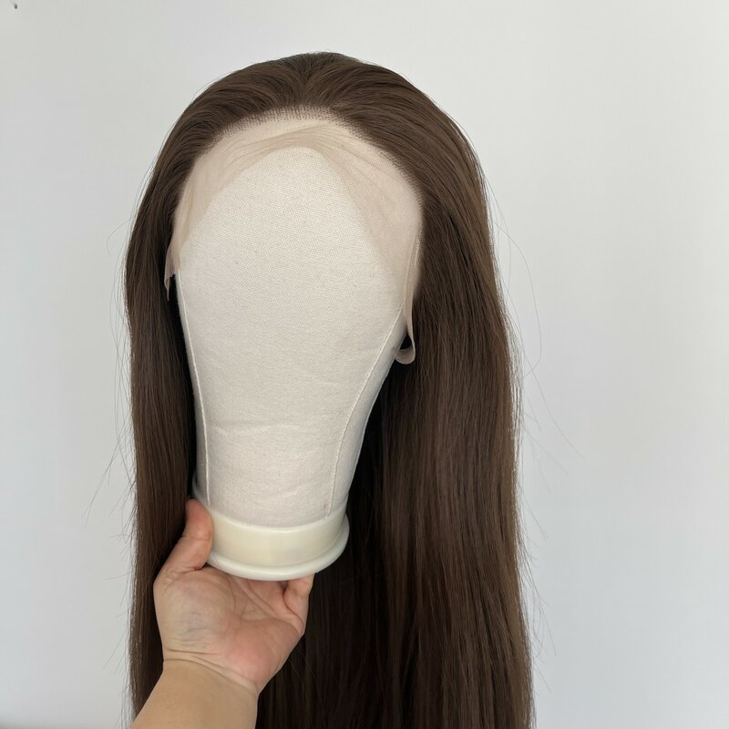 Rambut sintetis Cosplay panjang alami coklat HD renda tanpa lem depan Wig wanita