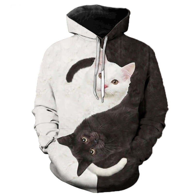 2023 baru hitam dan putih kucing 3D Hoodie Sweatshirt Pullover pria wanita Fashion kasual Streetwear Hip Hop kasual Hoodie ukuran besar
