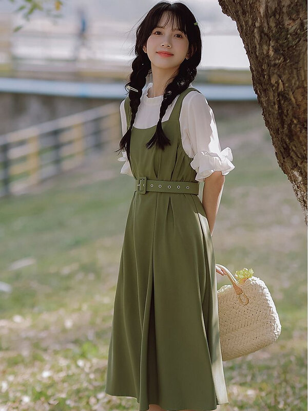 2 Pcs Sets Women Summer Ruffles Blouses Knee-length Dresses Vintage Sweet Pure Casual Aesthetic Girl Style All-match Classic New