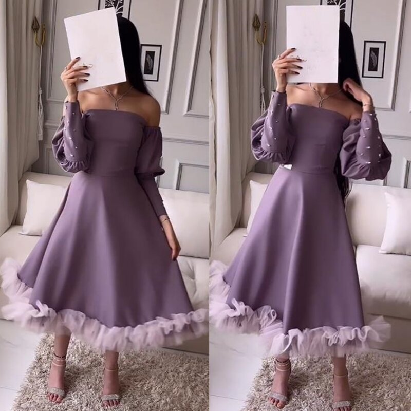 Prom Dress Saudi Arabia Satin Beading Ruched Evening A-line Off-the-shoulder Bespoke Occasion Gown Midi Dresses