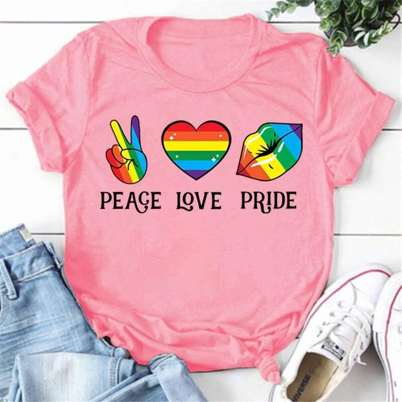 Cute LGBT Peace Love Pride T-shirts For Women Summer Tee Shirt Femme Casual Short Sleeve Round Neck Tops T-shirts