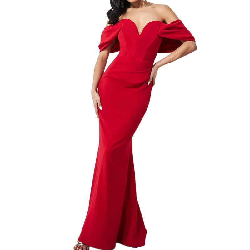 Vermelho celebridade vestidos de noite fora do ombro drap mangas cetim longo sereia formatura vestidos de ocasião feminina recepção vestido de festa 2023