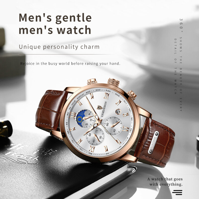 LIGE-Montre-bracelet en cuir étanche pour homme, montre à quartz masculine, horloge de sport, marque supérieure, luxe, nouveau, 2024