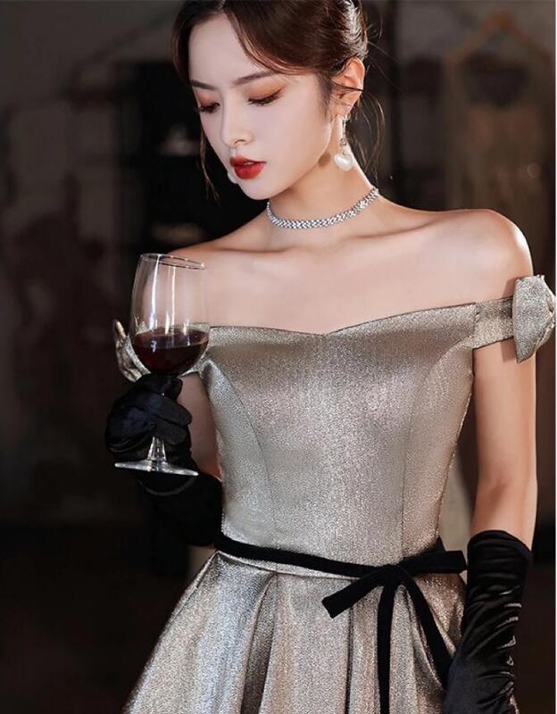 Silver Elegant Evening Dresses Long Summer Off The Shoulder With Bow A Line Floor Length Lace Up Luxury Boat Neck Prom Gowns New