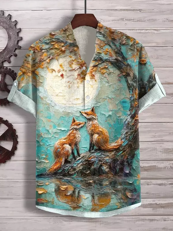 半袖Tシャツ,3Dデジタル熱伝達,動物の風景,大きなサイズ,スタンドカラー,3ボタン,夏,ニューコレクション2024