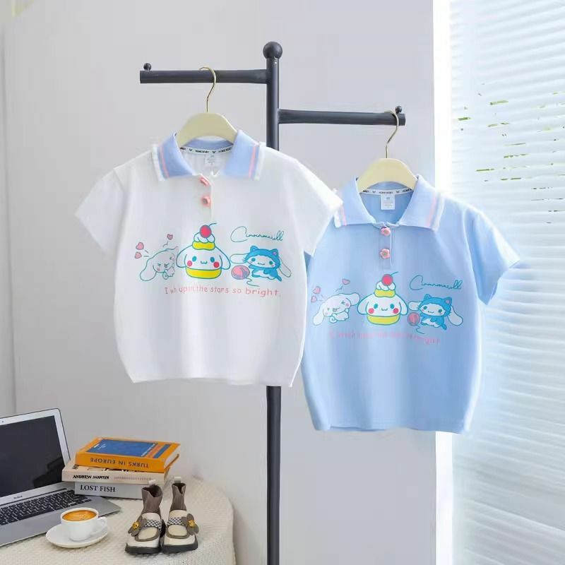 Anime Sanrios Kids Short Sleeve Kawaii My Melody Kuromi Cinnamoroll Boys Girls Cartoon Cotton T-Shirt Summer Fashion Lapel Tops