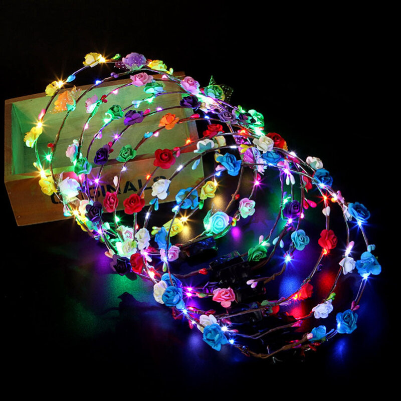 10 stuks gloeiende slinger kroon bloem hoofdband led licht kerstkrans decoratie lichtgevende haar haarband voor bruiloft feest licht