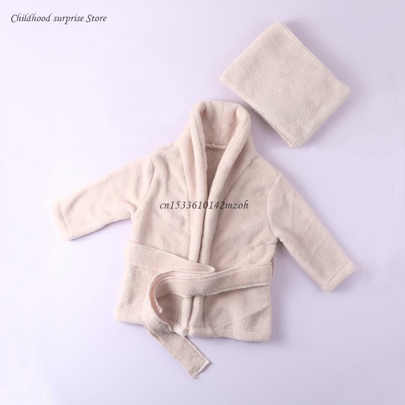 Newborn Baby Flannel Robe Bathrobe and Bath Towel Blanket Set Solid Color Photography Props Outfit for Boys Girls Dropship