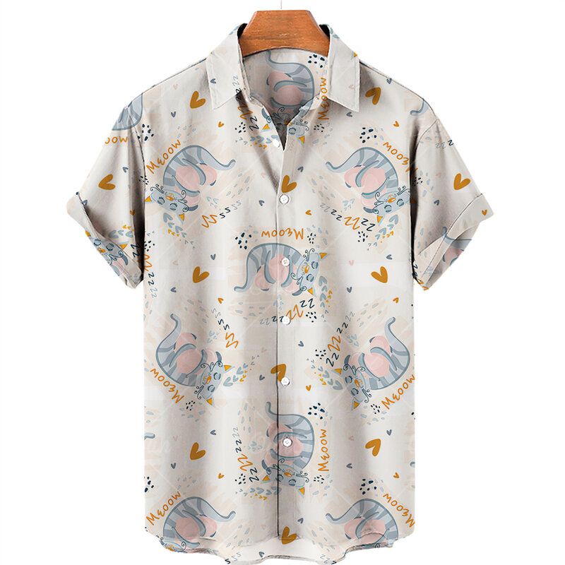 Nieuwe Schattige Kat Print Shirt Mannen Hawaiian Shirt Zomer Casual Top Grote Maat Losse Eenvoudige Shirt Vrouwen Single Breasted Knoop Top 5xl