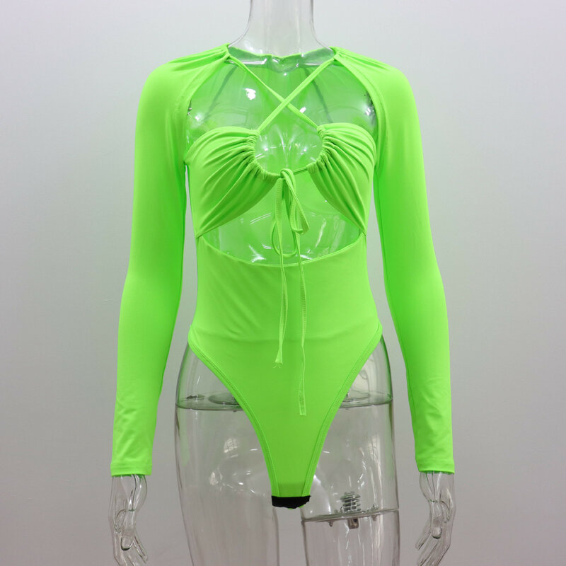 BKLD-bodysuits monocromáticos slim fit com cordões para mulheres, tops de manga comprida, roupas sexy, temperamento novo, verão, Y2K, 2024
