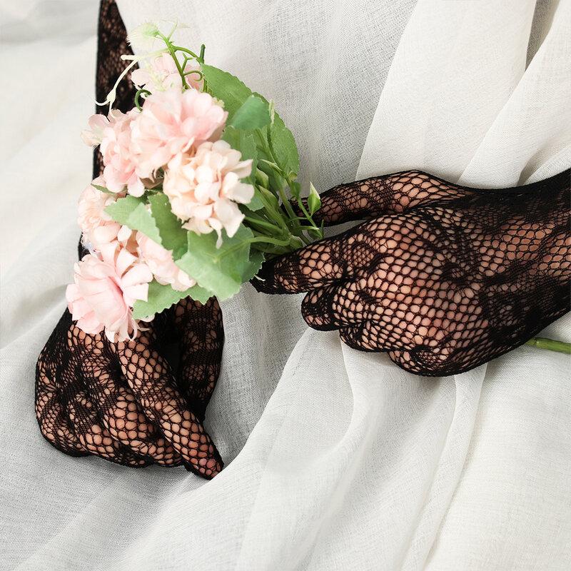 ถุงมือลูกไม้ยาวสำหรับเจ้าสาวลายดอกไม้ชุดแฟนซีกอธิกสตีมพั๊งก์ใหม่ผ้าตาข่ายเซ็กซี่สำหรับผู้หญิง