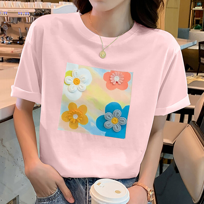 Camiseta con bordado Floral para mujer, Camiseta de algodón para mujer, ropa Coreana de moda para mujer, camiseta de manga corta con cuello redondo, Tops de verano