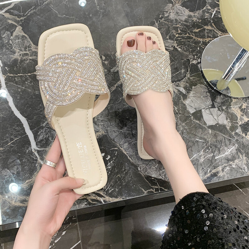 DOGHC-Zapatillas De Tacón Plano De Lujo Para Mujer, Sandalias Con Diamantes De Imitación, Lentejuelas, De Alta Calidad, 2024