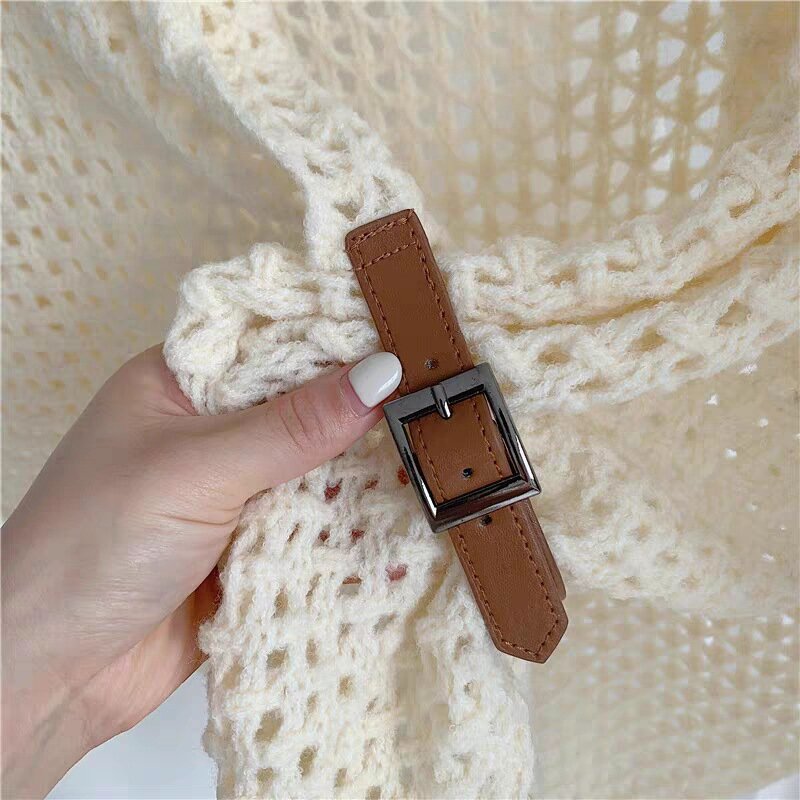 2024 New Women Triangle Knitted Scarves Hollow Leather Buckle Wool Shawl Top Winter Fashion Warm Scarf Shawl Wraps Female Sjaal