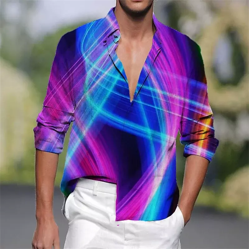 Fashion Men Long Sleeve Shirt Lapel Button Casual Color Spring Summer HD Pattern Rainbow Outdoor Sports Top Shirt T-Shirt