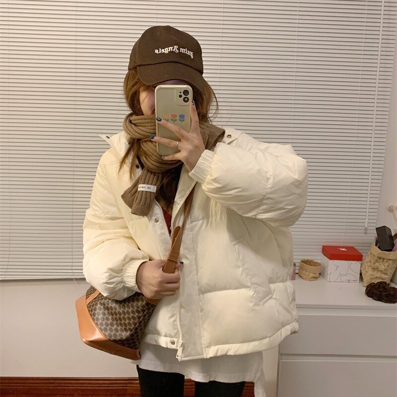 Mantel katun pendek untuk wanita, mantel roti longgar bergaya Korea musim dingin, mantel katun tebal trendi, kasual dan serbaguna