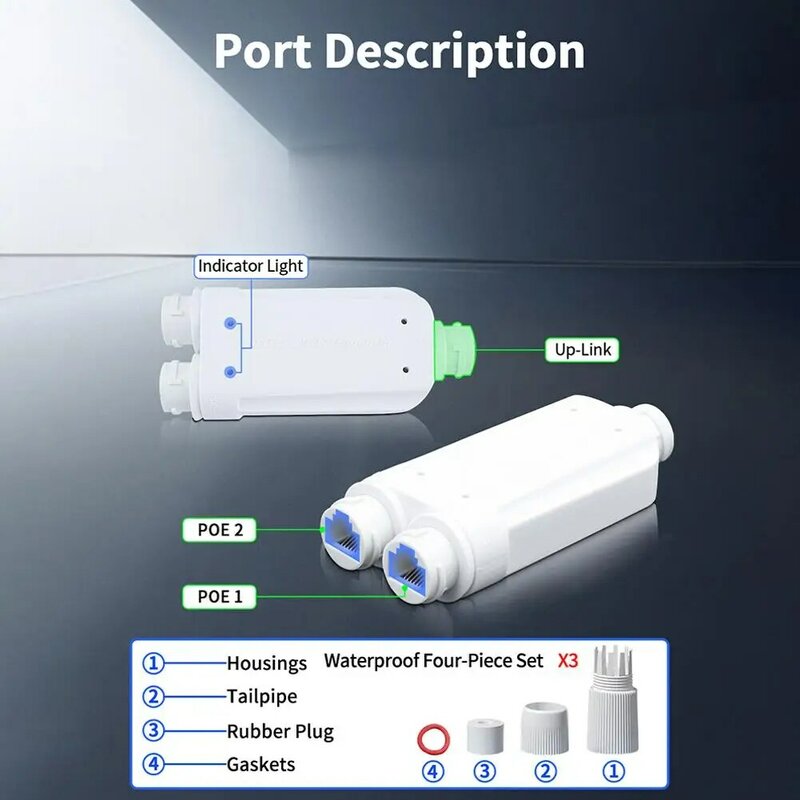 Ripetitore POE impermeabile a 2 porte IP66 10/100Mbps Extender PoE da 1 a 2 con display/at 48V esterno per fotocamera Switch POE