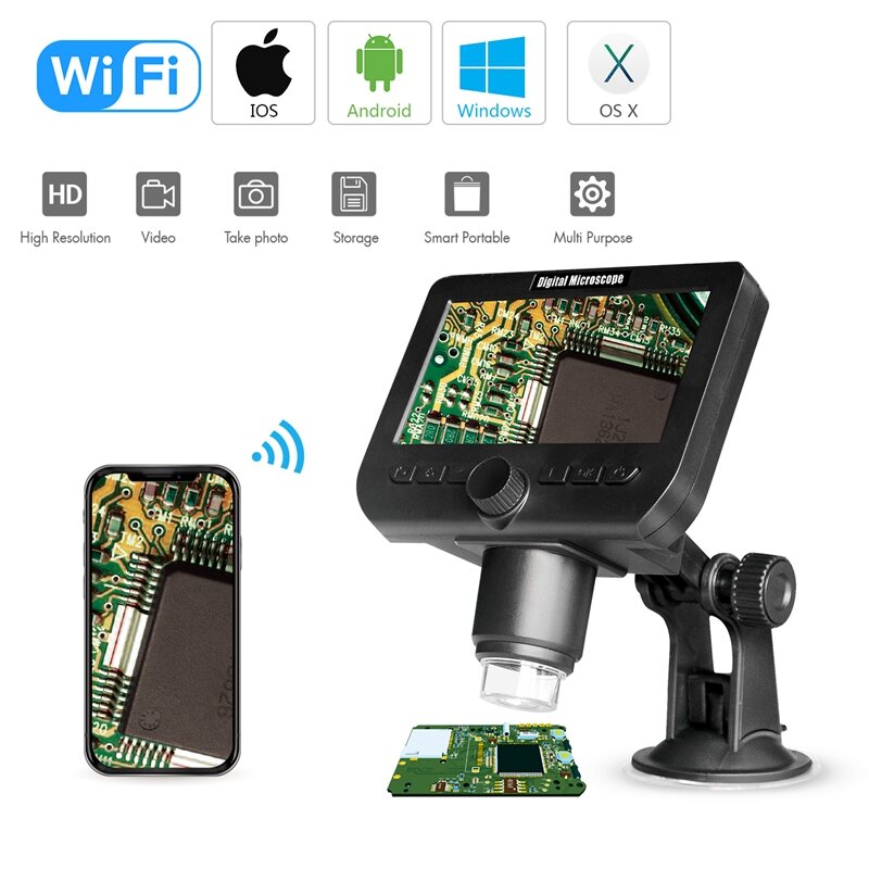 ワイヤレス電子顕微鏡,4.3インチ,LCDディスプレイ付き,1000x Wi-Fiビデオ付き顕微鏡,1080p HD,充電式内視鏡カメラ