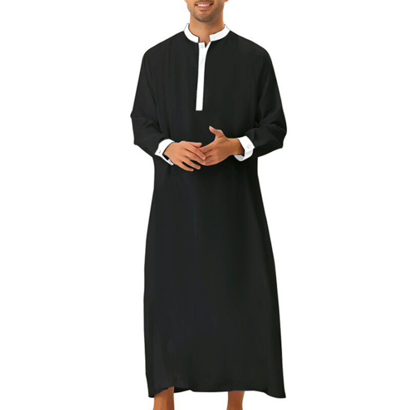 2023แฟชั่นสำหรับผู้ชายเสื้อคลุมมุสลิมแขนยาวคอวีสีดำเทาขาวโพลีเอสเตอร์สีตัดกันใหม่ล่าสุด