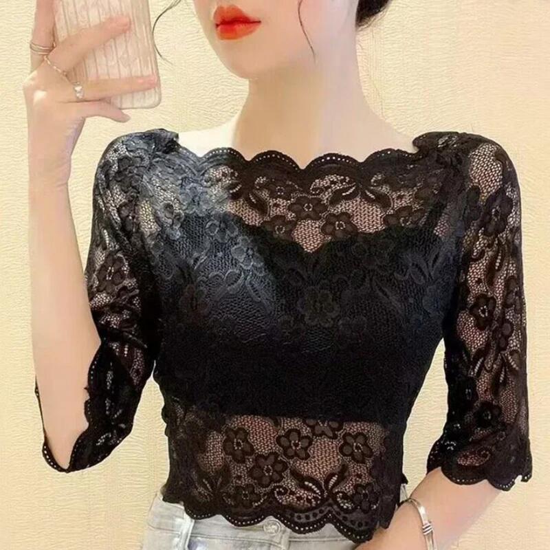 Blusa feminina cropped bordada, camiseta floral, pulôver transparente, tops de renda elegantes, verão